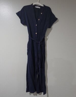 Petal & Pup Navy Button-Front Romper with Tie Waist